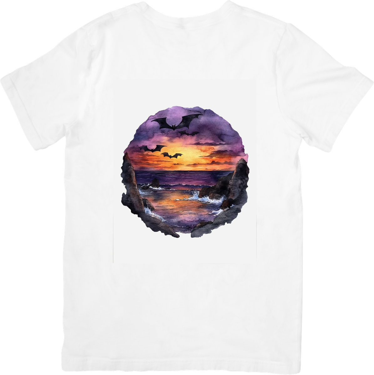 Gothic Bat Coastal Sunset T-Shirt | Watercolor Ocean Cliff Graphic Tee | Moody Halloween Gift