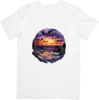 Thumbnail for Gothic Bat Coastal Sunset T-Shirt | Watercolor Ocean Cliff Graphic Tee | Moody Halloween Gift