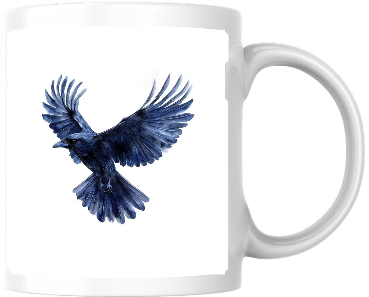 Flying Raven Mug | Watercolor Blue Crow Coffee Mug | Gothic Bird Lover Gift