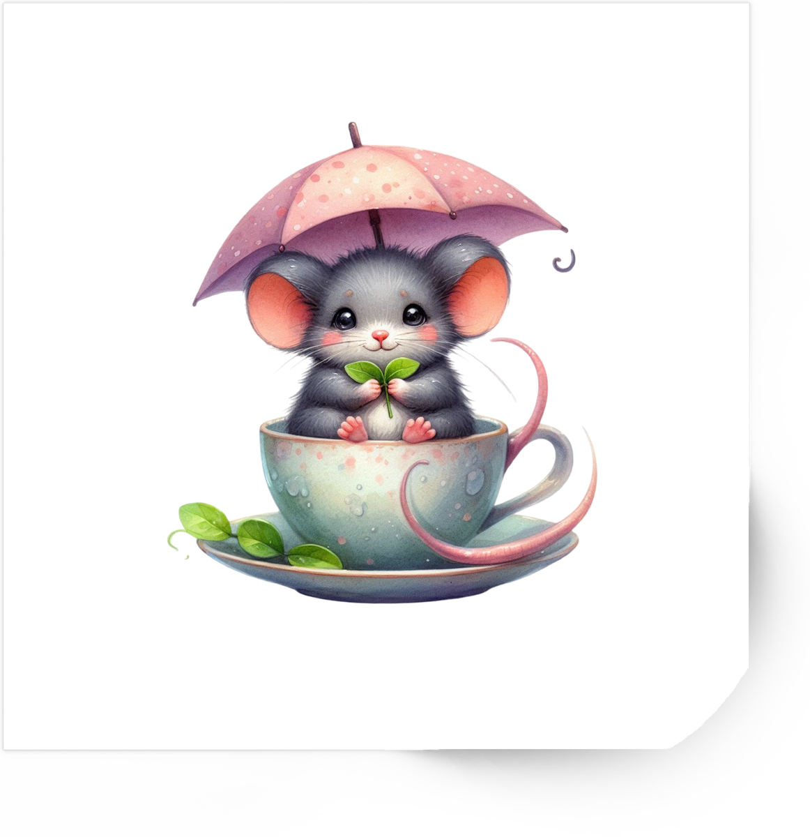 Umbrella Mouse Teacup Sticker | Cute Watercolor Animal Vinyl Decal | Kids Whimsical Gift