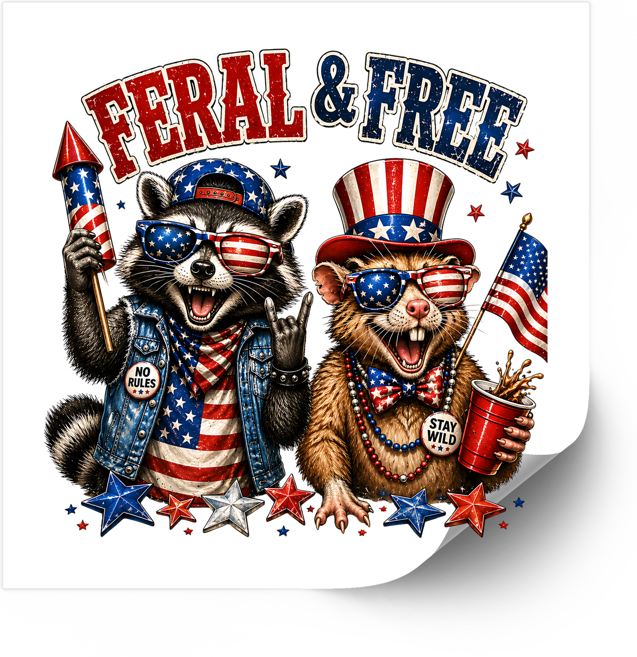 Feral And Free Sticker | Patriotic Raccoon Opossum Vinyl Decal | Funny 4th Of July Gift
