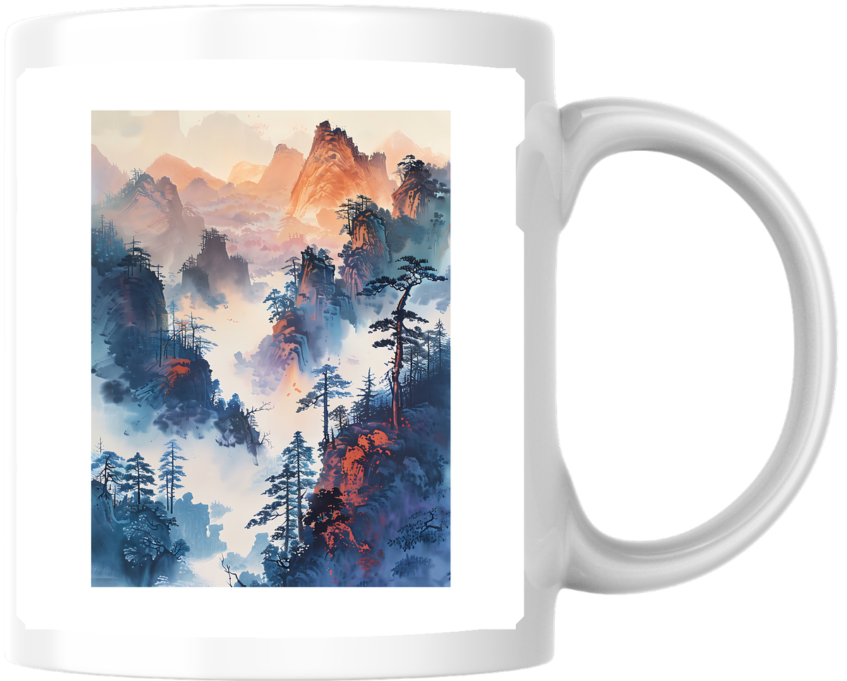 Misty Mountain Landscape Mug | Asian Ink Watercolor Pine Coffee Mug | Nature Lover Gift