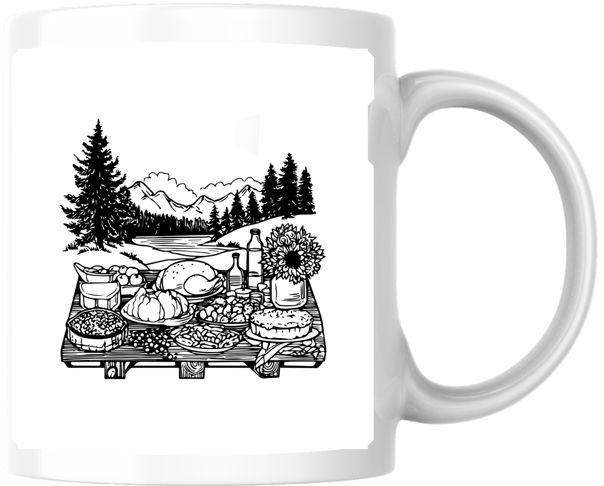 Harvest Feast Table Mug | Black & White Thanksgiving Coffee Mug | Autumn Gathering Gift
