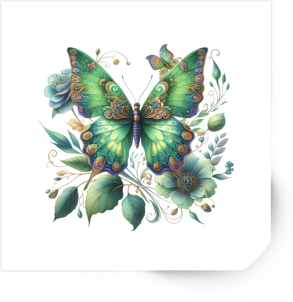Emerald Fantasy Butterfly Sticker | Ornate Jeweled Floral Vinyl Decal | Whimsical Nature Gift