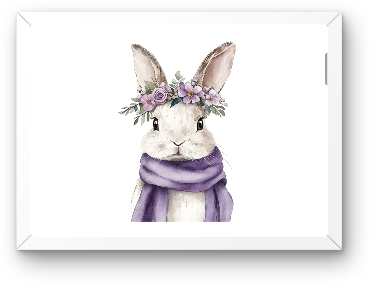 Floral Crown Bunny Wall Art | Watercolor Rabbit Purple Scarf Print | Nursery Girls Room Gift